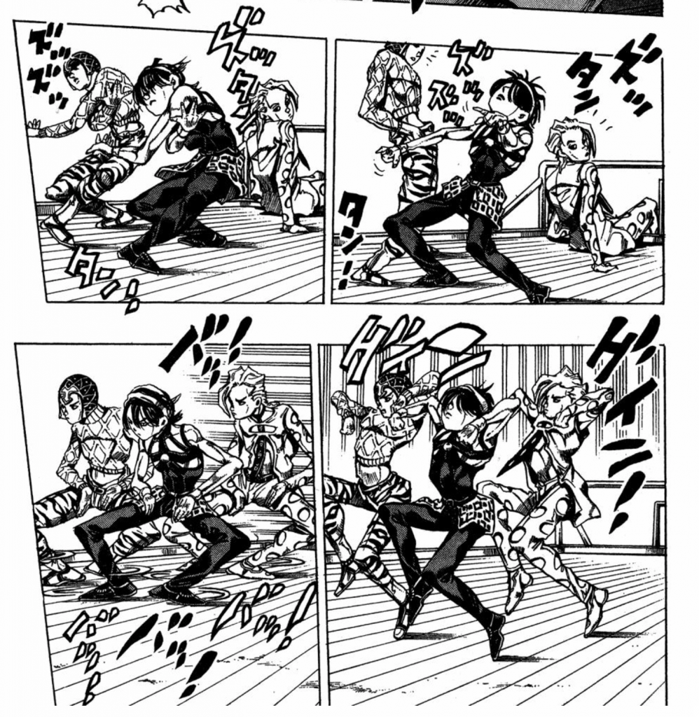 imagen. Baile de la tortura escena de manga Vento Aureo
